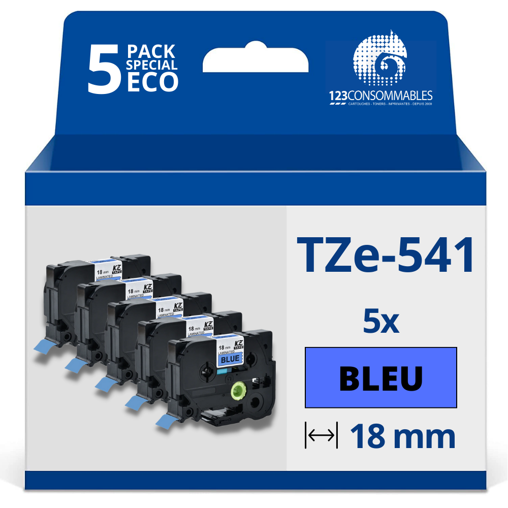 Pack de 5 Rubans compatible avec Brother TZe541 - Texte noir sur fond bleu - Largeur 18 mm x 8 mètres