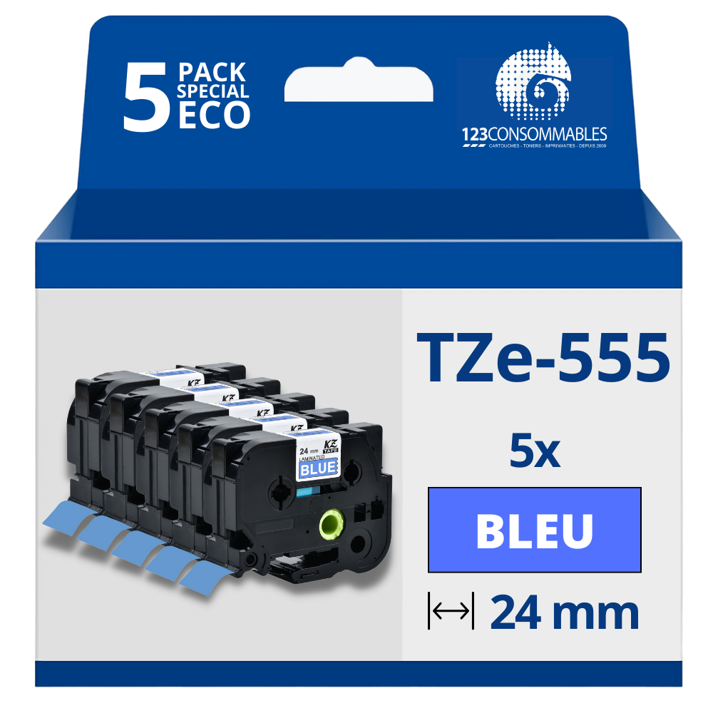 Pack de 5 Rubans compatible avec Brother TZe555 - Texte blanc sur fond bleu - Largeur 24 mm x 8 mètres