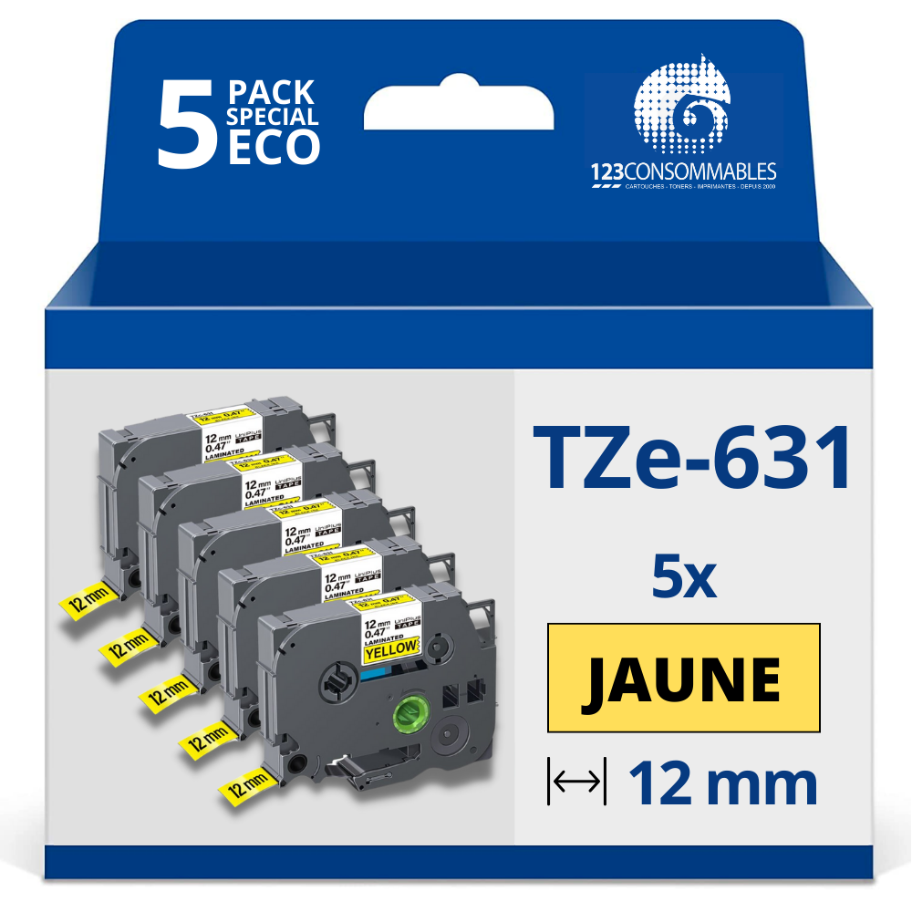 Pack de 5 Rubans adhésifs compatible avec Brother TZe631- Texte noir sur fond jaune - Largeur 12 mm x 8 mètres
