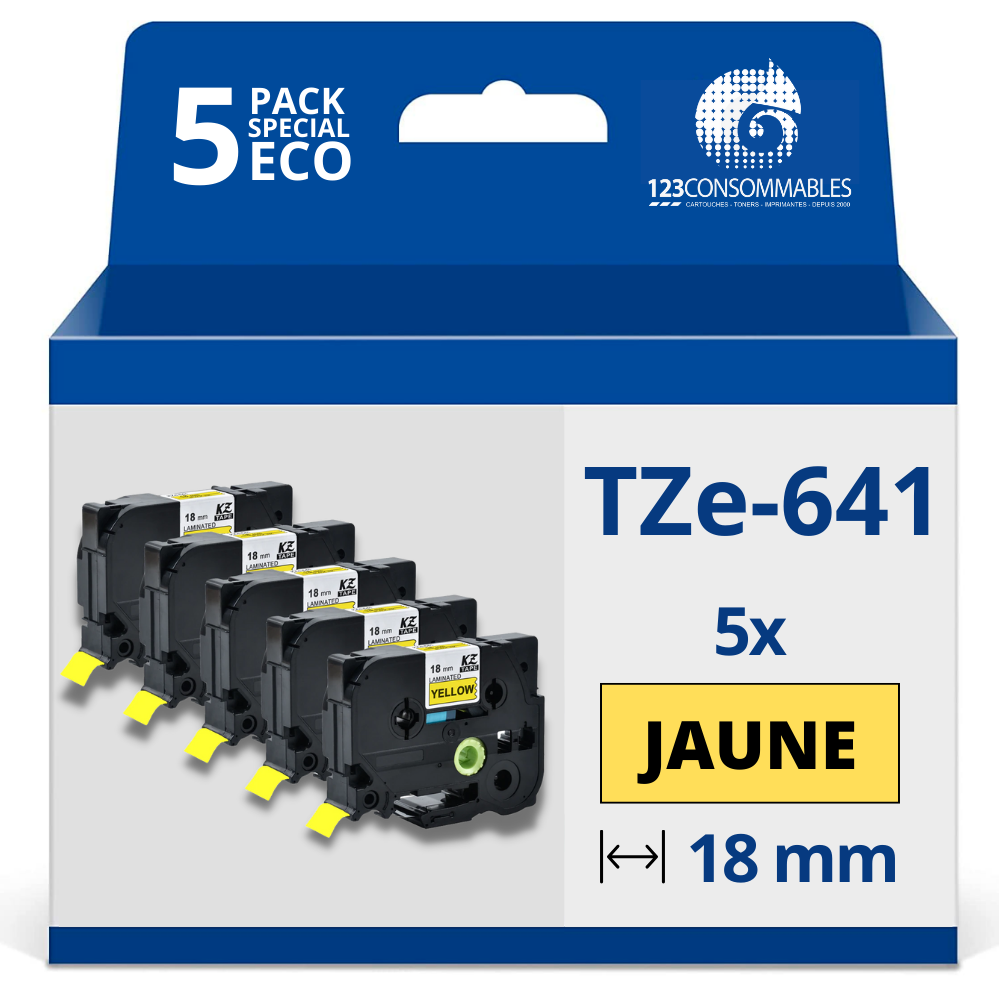 Pack de 5 Rubans compatible avec Brother TZe641 - Texte noir sur fond jaune - Largeur 18 mm x 8 mètres