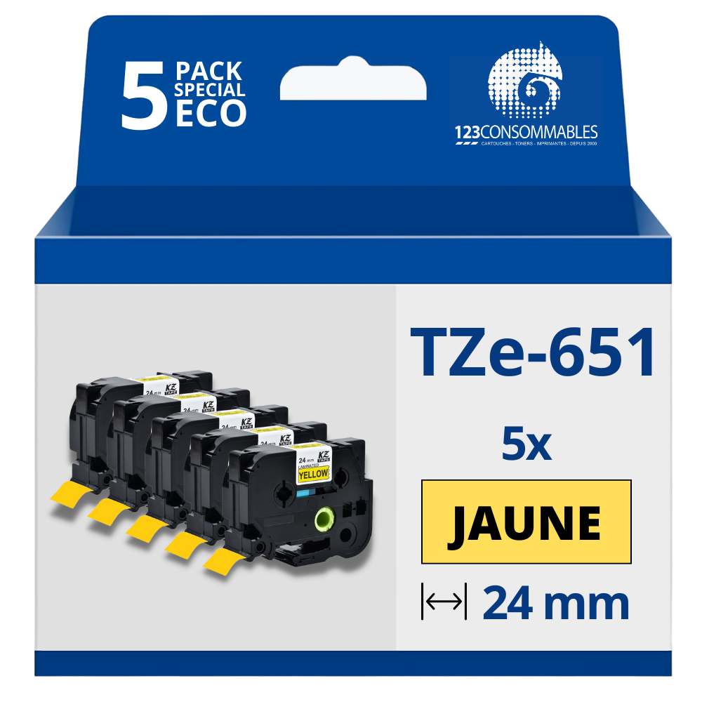 Pack de 5 Rubans compatible avec Brother TZe651 - Texte noir sur fond jaune - Largeur 24 mm x 8 mètres