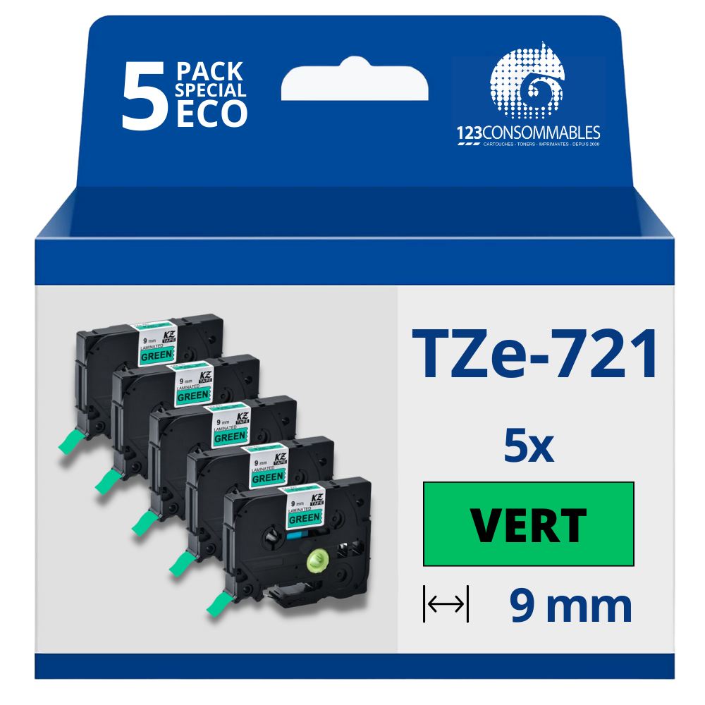 Pack de 5 Rubans compatible avec Brother TZe721- Texte noir sur fond vert - Largeur 9 mm x 8 mètres