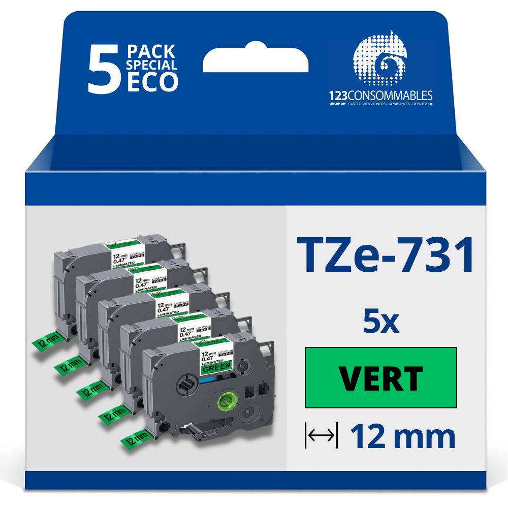 Pack de 5 Rubans adhésifs compatible avec Brother TZe731- Texte noir sur fond vert - Largeur 12 mm x 8 mètres