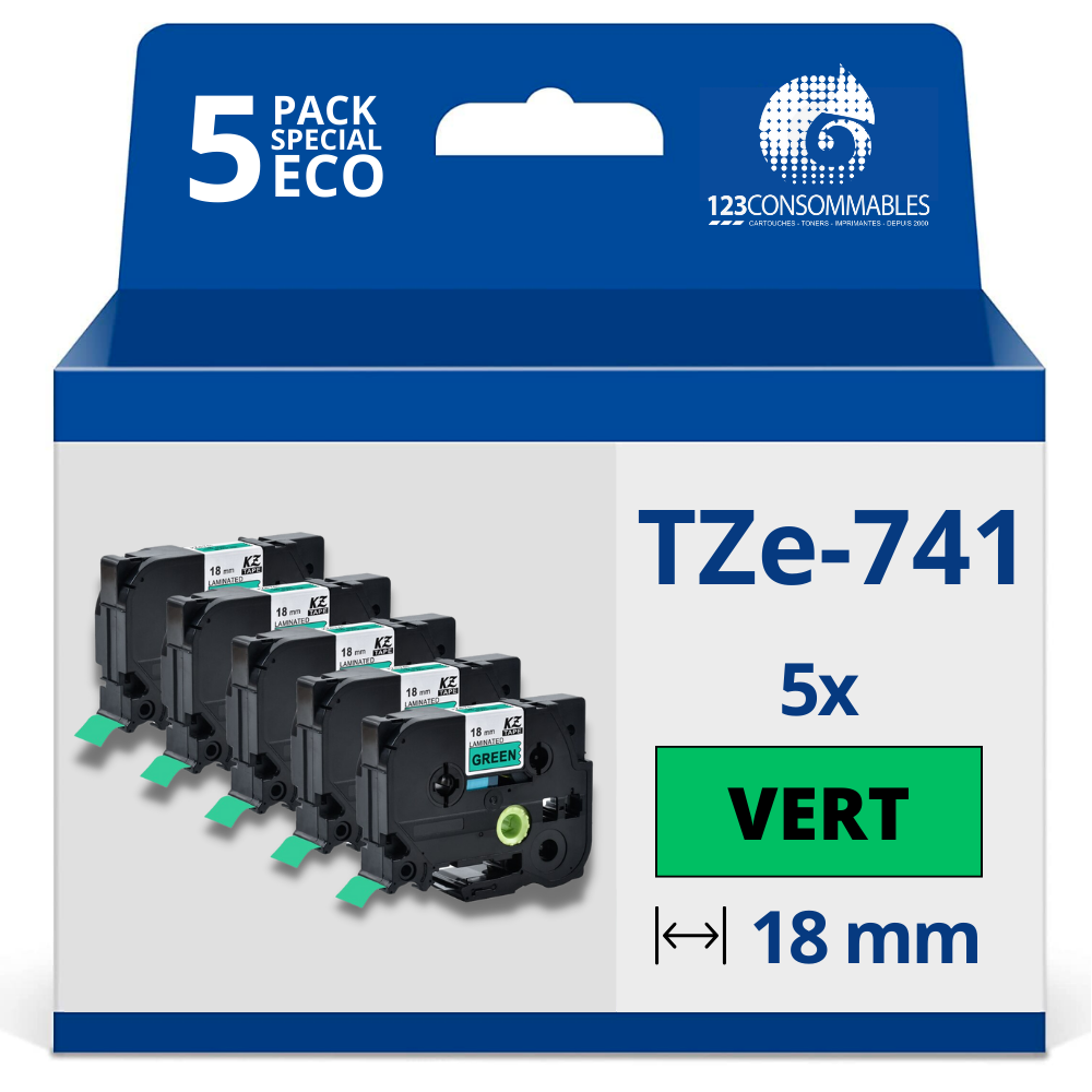 Pack de 5 Rubans compatible avec Brother TZe741 - Texte noir sur fond vert - Largeur 18 mm x 8 mètres