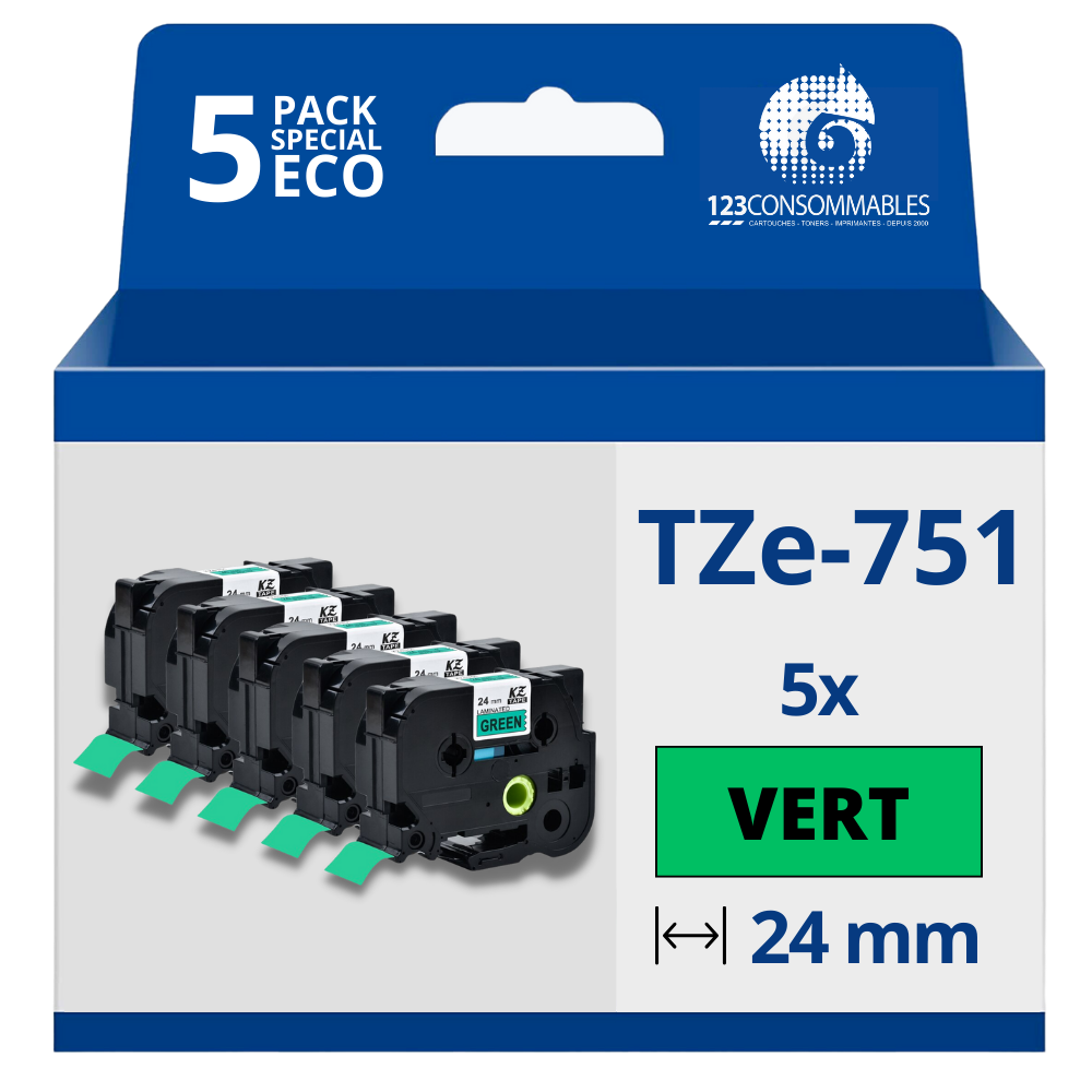 Pack de 5 Rubans compatible avec Brother TZe751 - Texte noir sur fond vert - Largeur 24 mm x 8 mètres