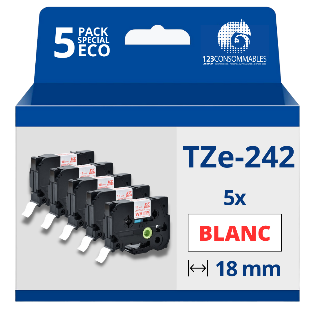 Pack de 5 Rubans compatible avec Brother TZe242 - Texte rouge sur fond blanc - Largeur 18 mm x 8 mètres