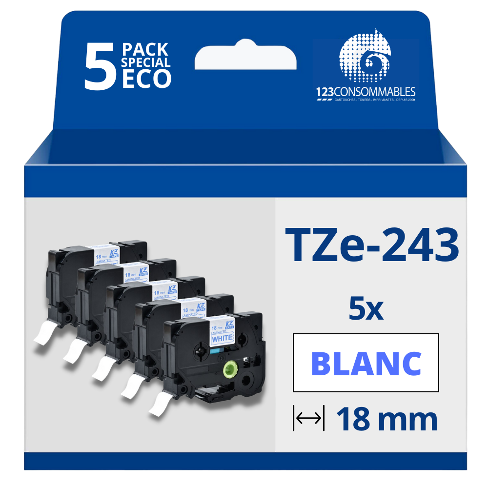 Pack de 5 Rubans compatible avec Brother TZe243 - Texte bleu sur fond blanc - Largeur 18 mm x 8 mètres