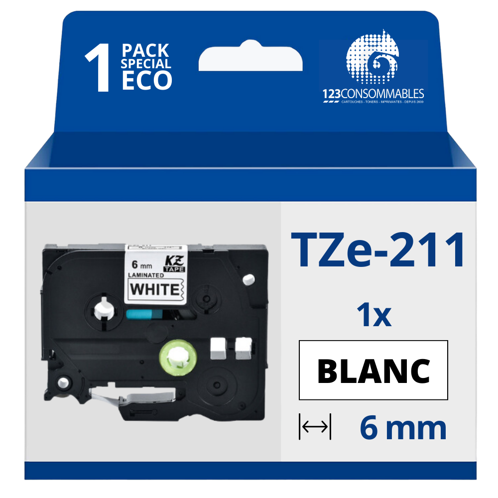 Ruban compatible Brother TZe211 - Texte noir sur fond blanc