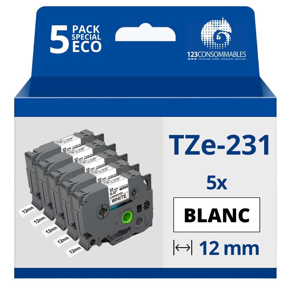 Pack de 5 Rubans adhésifs compatible avec Brother TZe-231- Texte noir sur fond blanc - Largeur 12 mm x 8 mètres