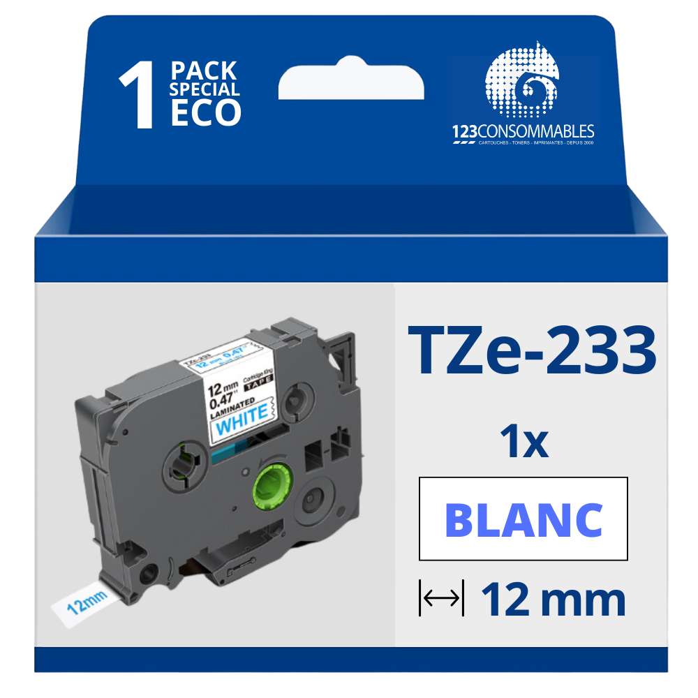 Ruban compatible Brother TZe233 - Texte bleu sur fond blanc - Largeur 12 mm x 8 mètres