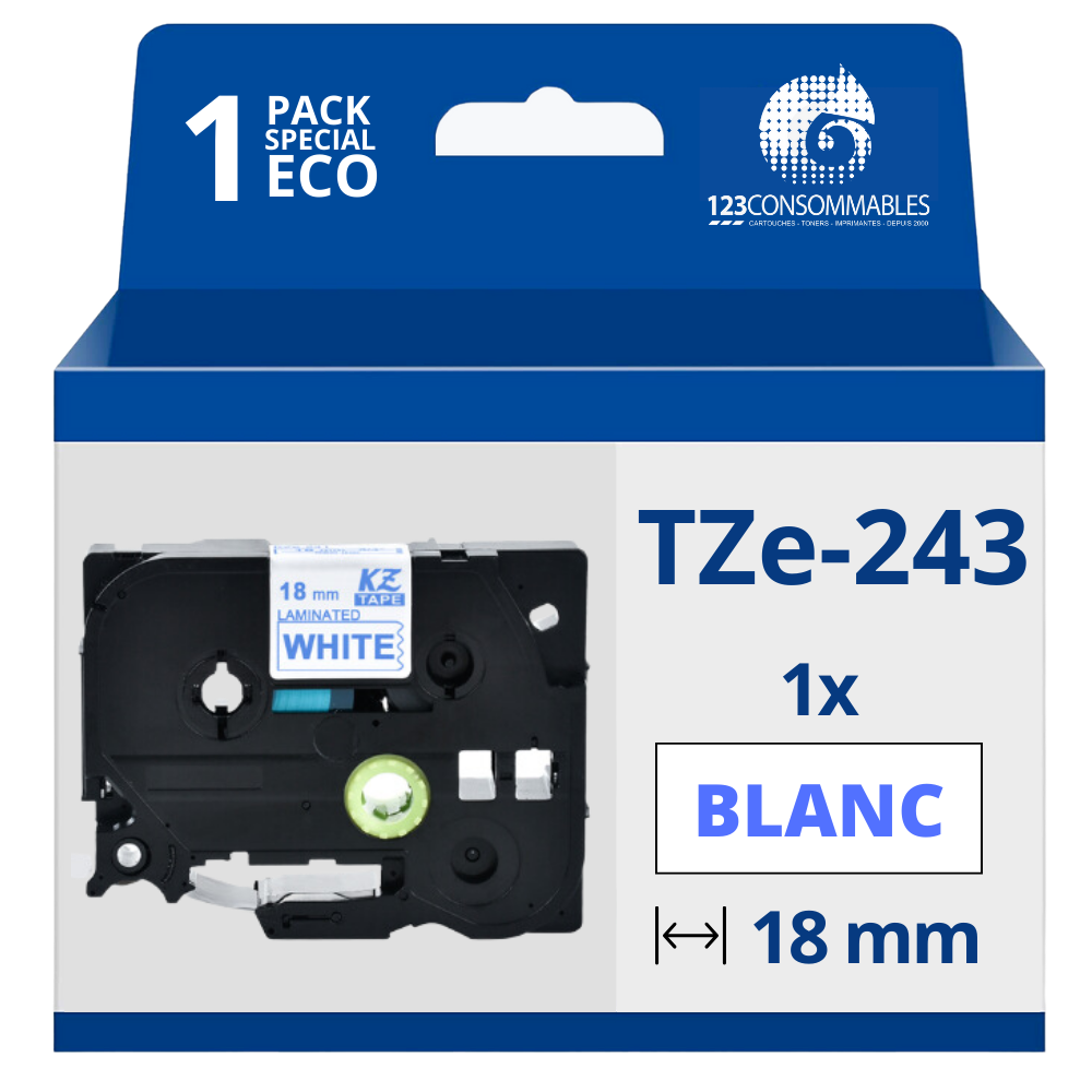 Ruban compatible Brother TZe243 - Texte bleu sur fond blanc - Largeur 18 mm x 8 mètres