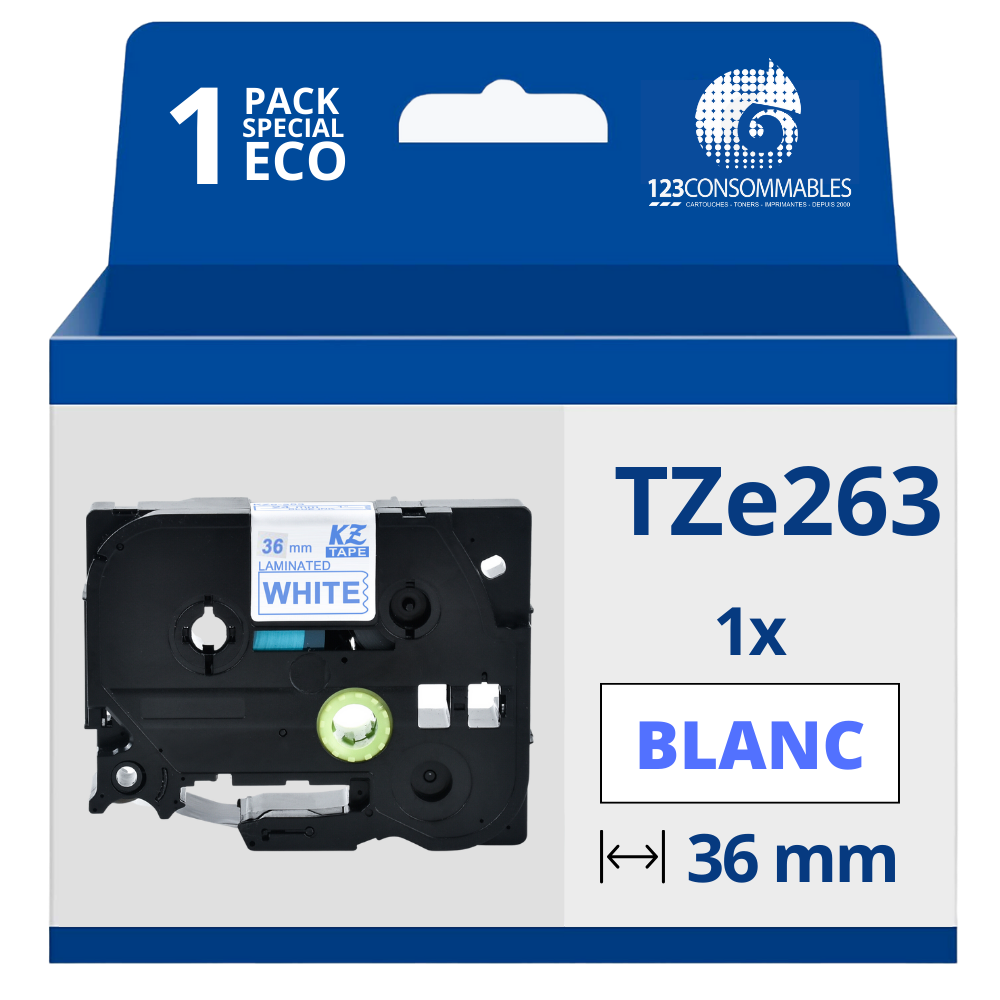 Ruban compatible Brother  TZe263 - Texte bleu sur fond blanc