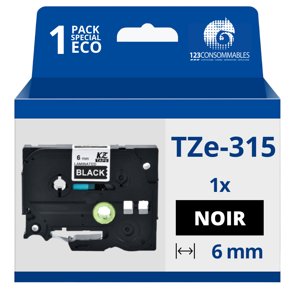 Ruban compatible Brother TZe315 - Texte blanc sur fond noir