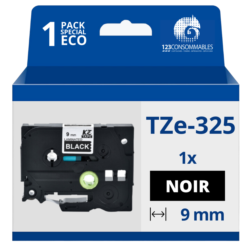 Ruban compatible Brother TZe325 - Texte blanc sur fond noir