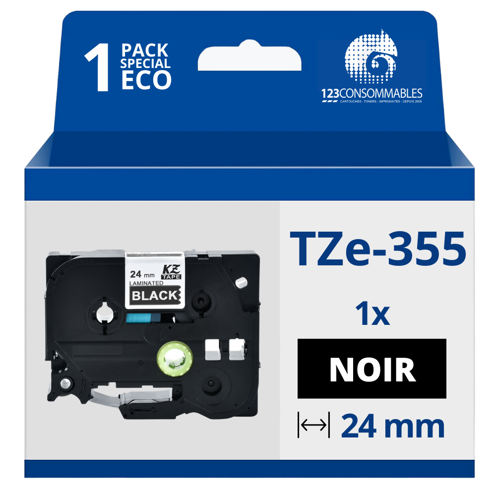 Ruban compatible Brother TZe355 - Texte blanc sur fond noir