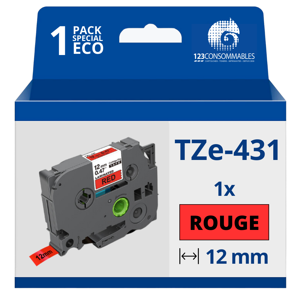 Ruban compatible Brother TZe431 - Texte noir sur fond rouge - Largeur 12 mm x 8 mètres