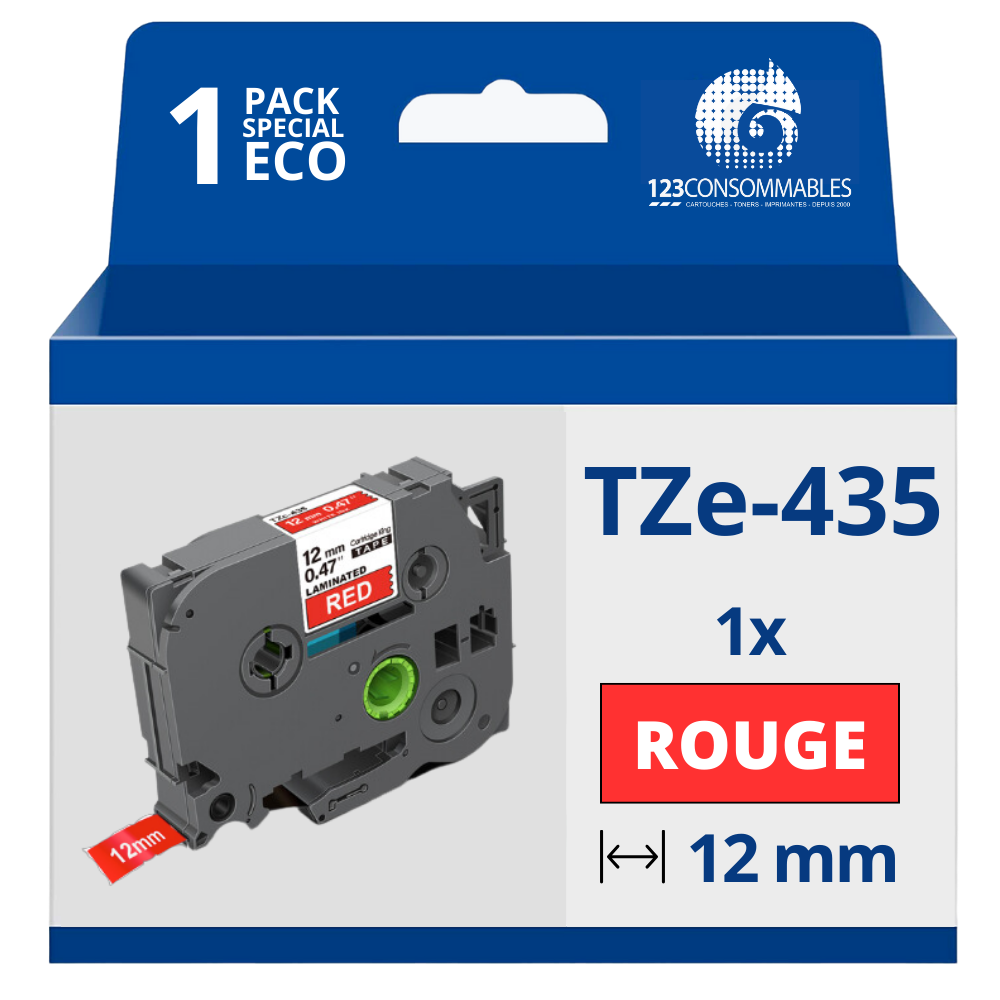 Ruban compatible Brother TZe435 - Texte blanc sur fond rouge - Largeur 12 mm x 8 mètres