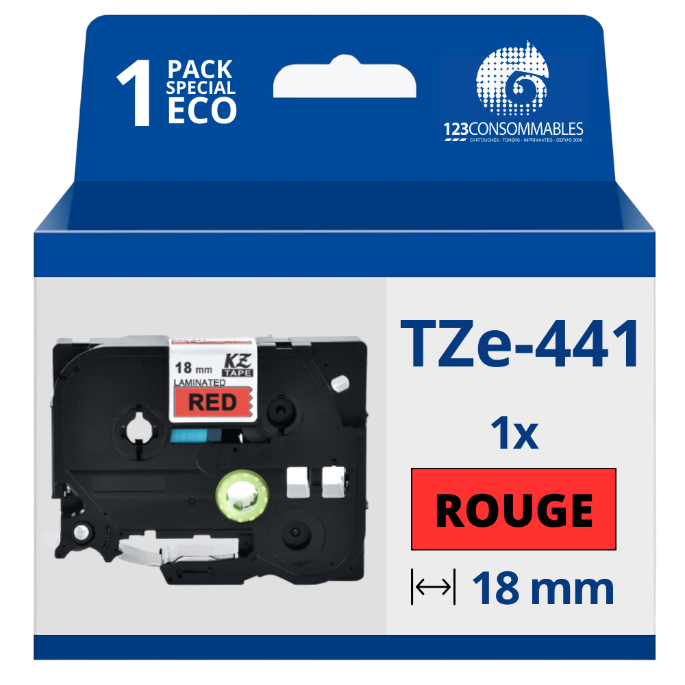 Ruban compatible Brother TZe441 - Texte noir sur fond rouge - Largeur 18 mm x 8 mètres