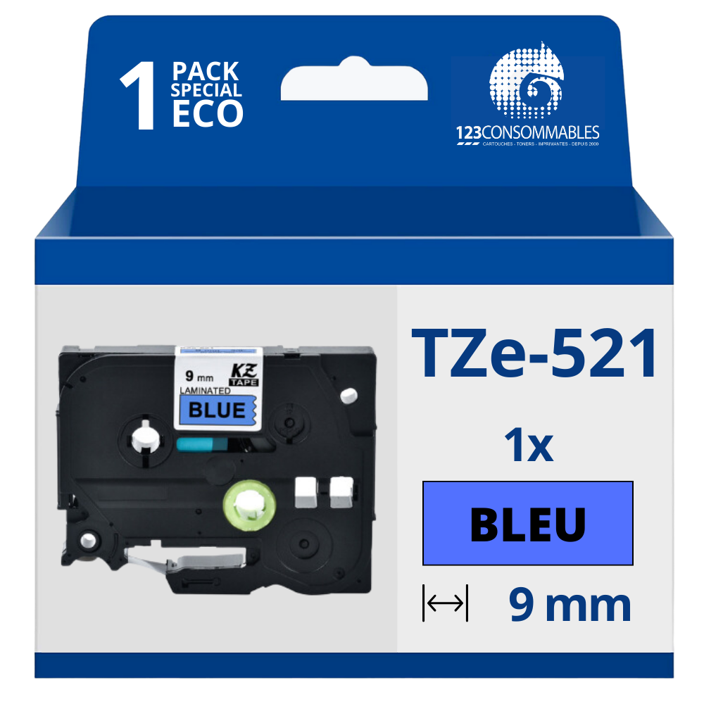 Ruban compatible Brother TZe521 - Texte noir sur fond bleu