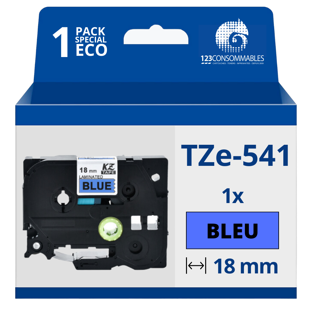 Ruban compatible Brother TZe541 - Texte noir sur fond bleu - Largeur 18 mm x 8 mètres