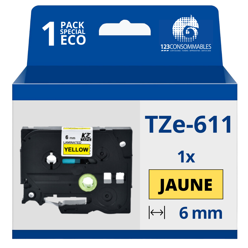 Ruban compatible Brother TZe611 - Texte noir sur fond jaune