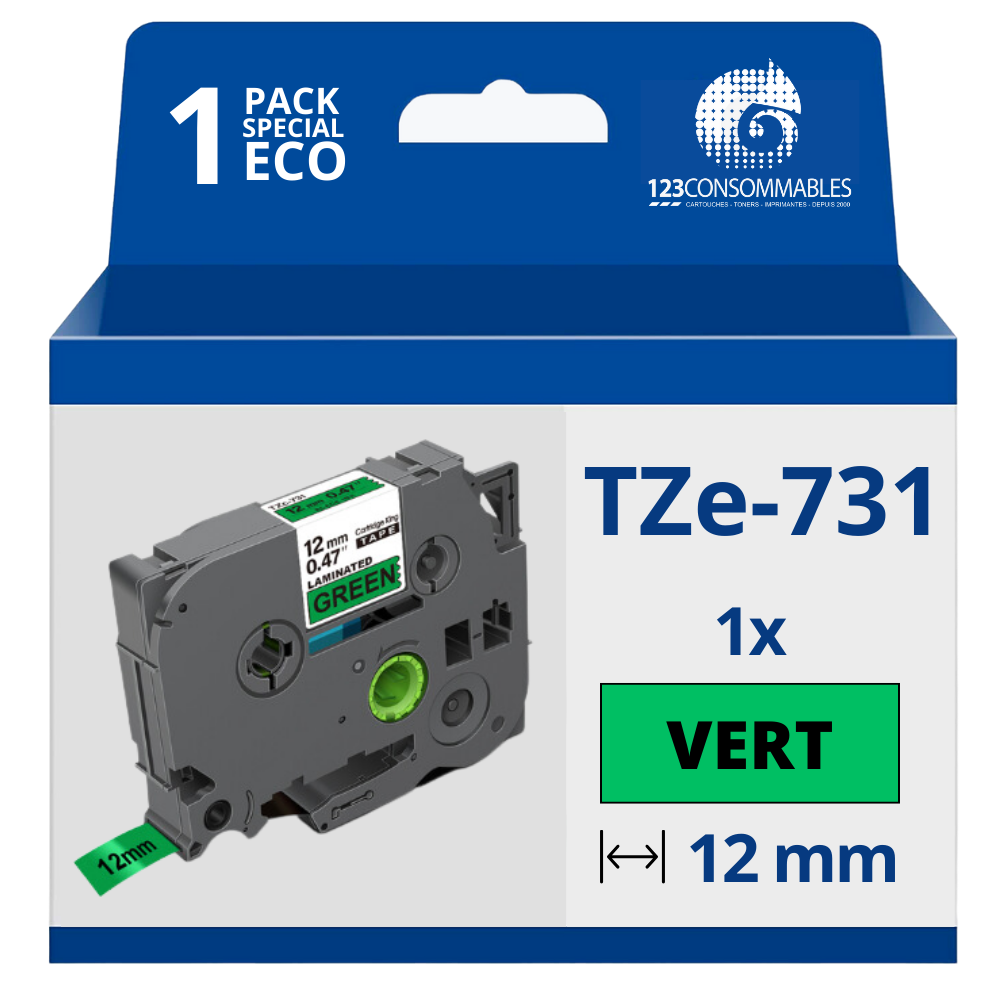 Ruban compatible Brother TZe731 - Texte noir sur fond vert - Largeur 12 mm x 8 mètres