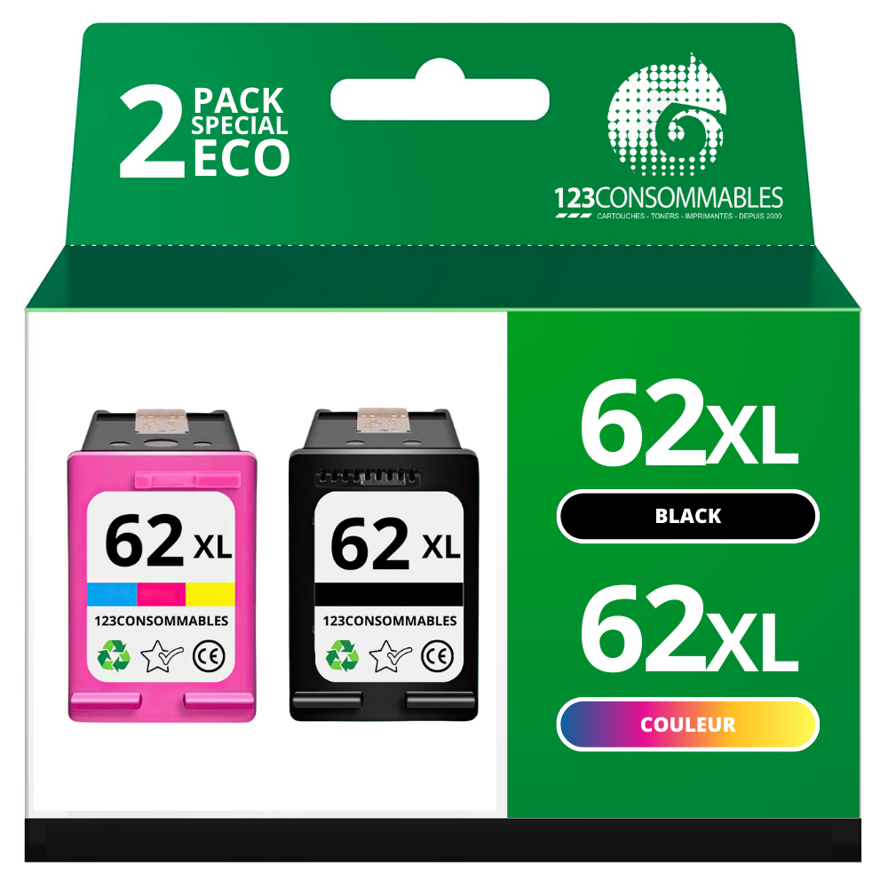 ✓ Pack 2 Cartouches compatibles HP 62XL couleur pack en stock -  123CONSOMMABLES