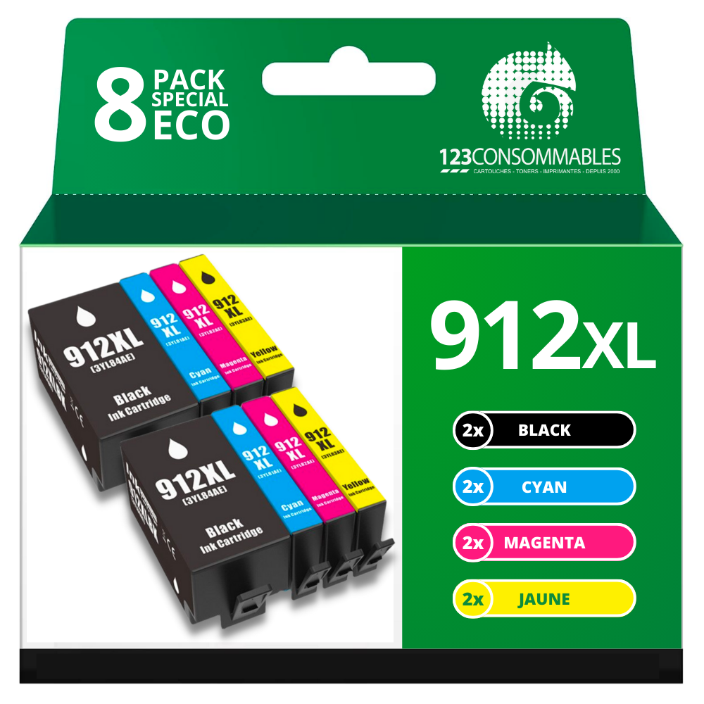 ✓ Pack 8 cartouches compatibles HP 912XL couleur pack en stock -  123CONSOMMABLES