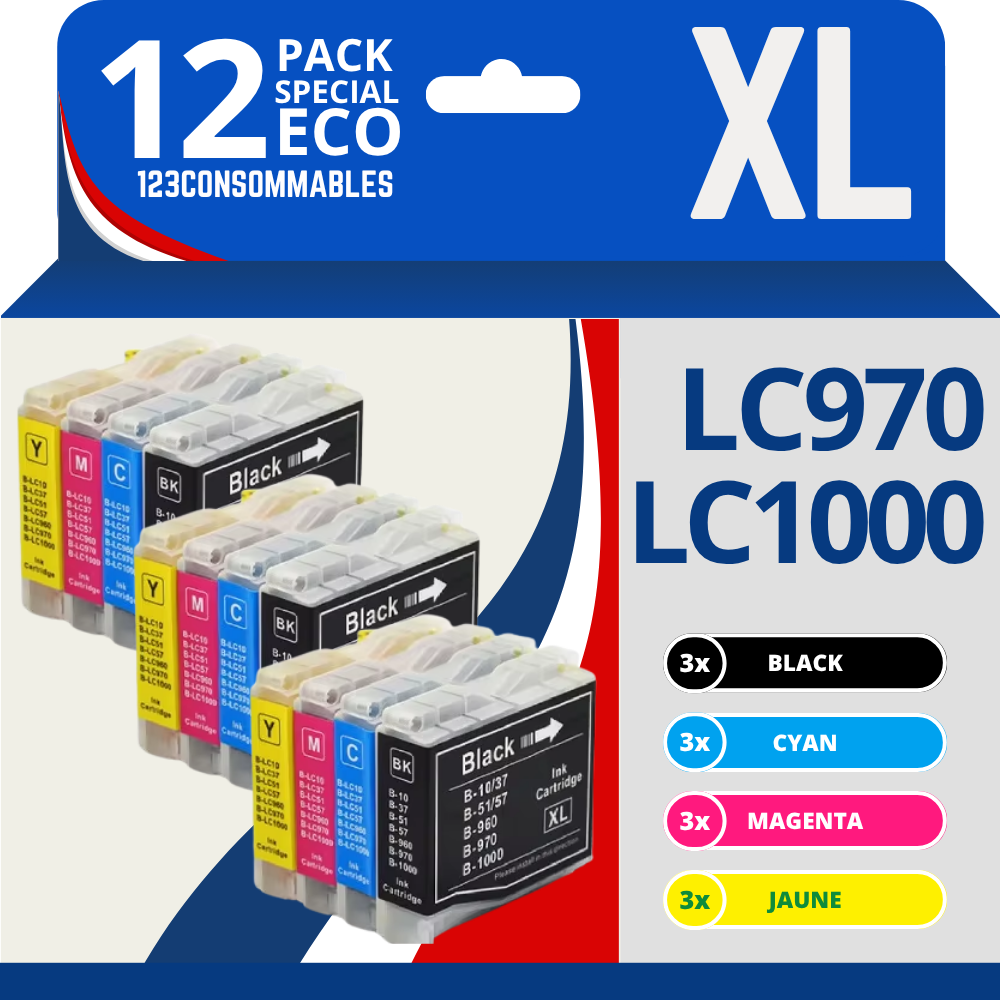 Pack compatible BROTHER LC970/LC1000, 12 cartouches