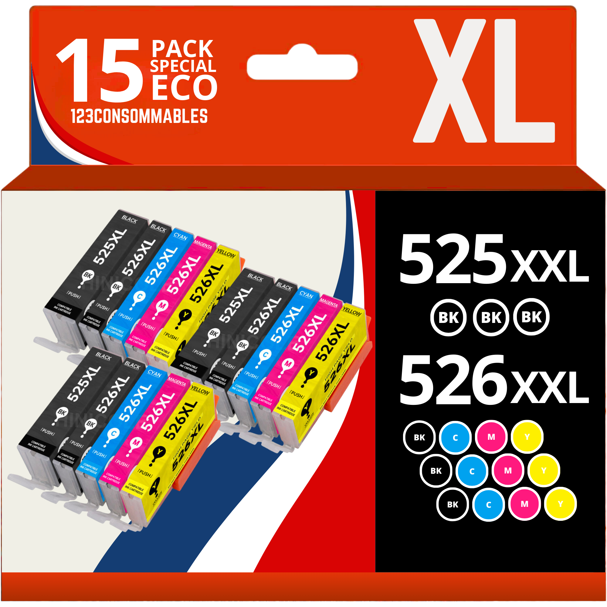 Pack 15 cartouches compatibles CANON PGI-525/CLI-526