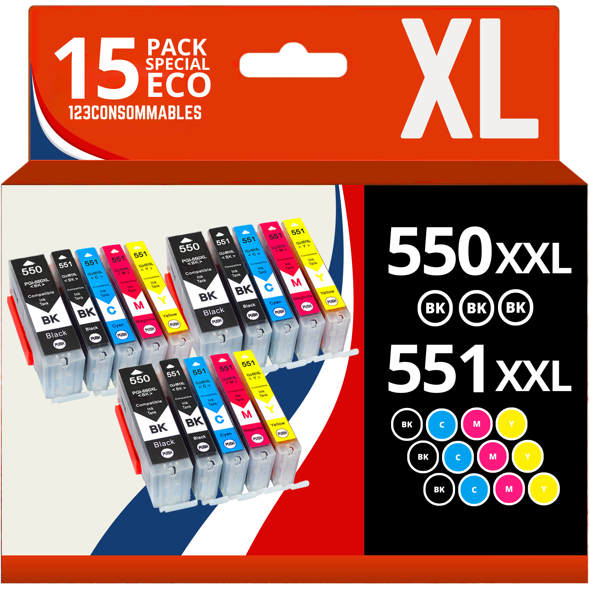 Pack 15 cartouches compatibles CANON PGI550/CLI551 XL