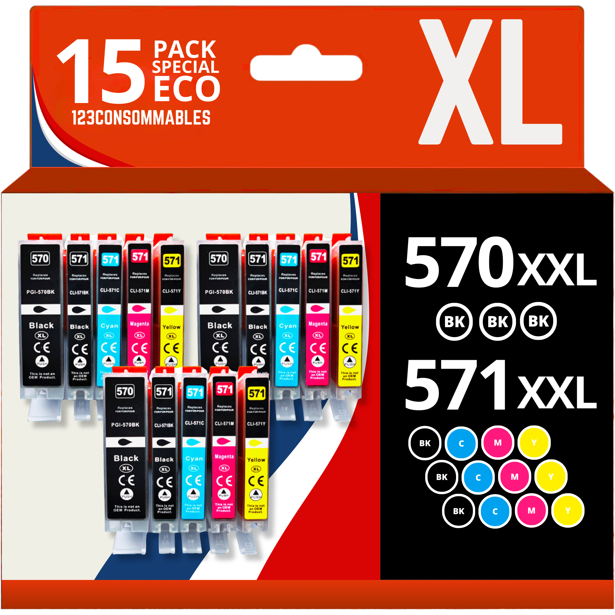 Pack 15 cartouches compatibles CANON PGI-570XL/CLI-571XL