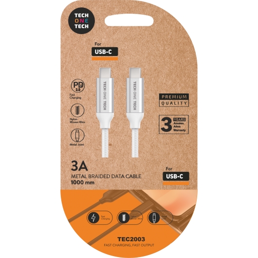 Câble TechOneTech USB-C PD 3.0 Mâle vers USB-C Mâle 1m - Revêtement Nylon Tressé