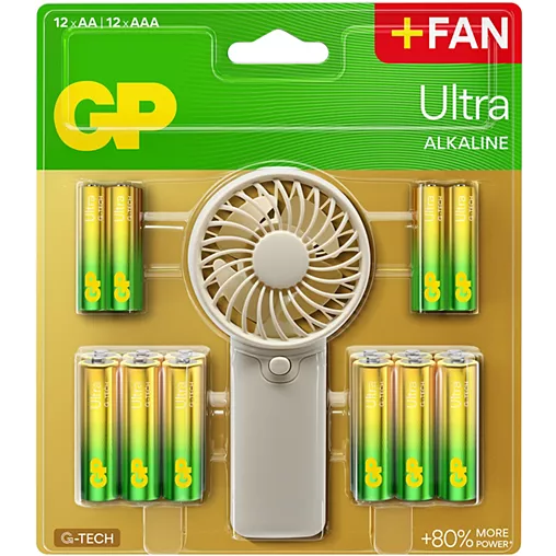 Pack de 12 piles alcalines GP Ultra AAA + 12 piles AA + ventilateur portatif offert