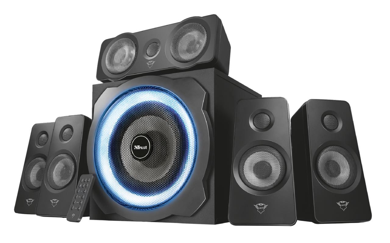 Ensemble d'enceintes Trust Gaming GXT 658 Tytan 5.1 180W - Caisson de basses en bois - Éclairage LED bleu - Basses profondes - Télécommande - Couleur noire