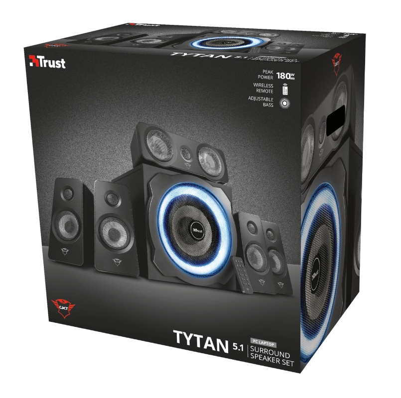 Ensemble d'enceintes Trust Gaming GXT 658 Tytan 5.1 180W - Caisson de basses en bois - Éclairage LED bleu - Basses profondes - Télécommande - Couleur noire