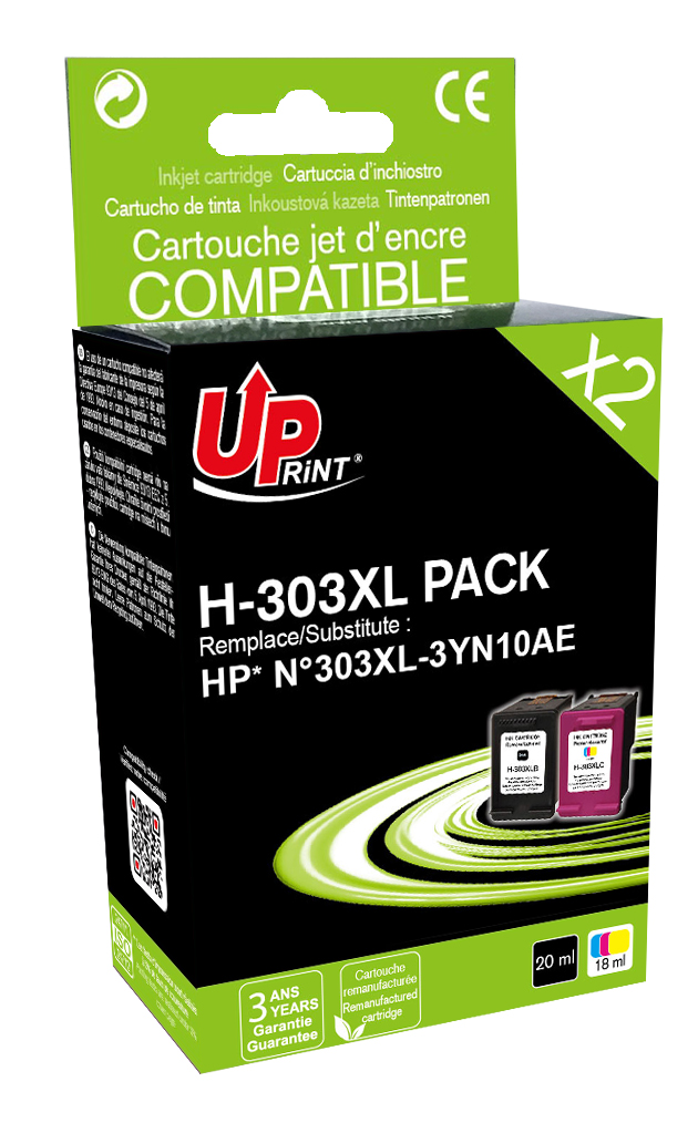 Pack UPrint compatible HP 303XL (T6N04AE/T6N03AE) noir et couleur