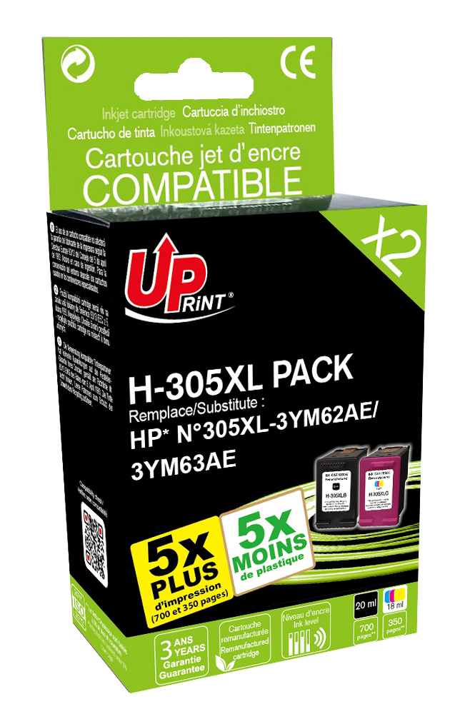 Pack UPrint compatible HP 305XL (3YM62AE/3YM63AE) noir et couleur