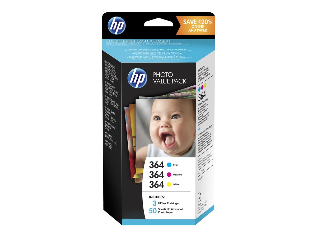 HP Pack de 3 cartouches HP364 couleurs + 50 papiers photo 10x15