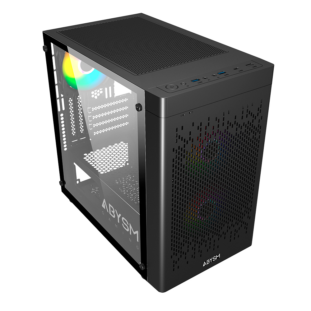 Abysm Danube Inva MX202 Boîtier Tour ITX, micro ATX - Côté Verre Trempé - 3,5" et 2,5" - USB-A, USB-C et Audio - 3 Ventilateurs ARGB installés - Supporte le Refroidissement Liquide