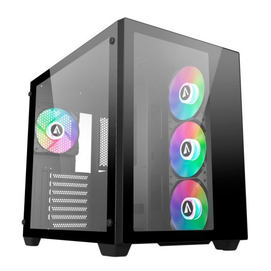 Abysm Danube Sava 285 BX203 Noir ARGB ATX, ITX, Micro ATX Boîtier Tour - Verre Trempé Latéral et Avant - 3,5" et 2,5" - USB-A, USB-C et Audio - 4 Ventilateurs ARGB installés - Supporte le Refroidissement Liquide