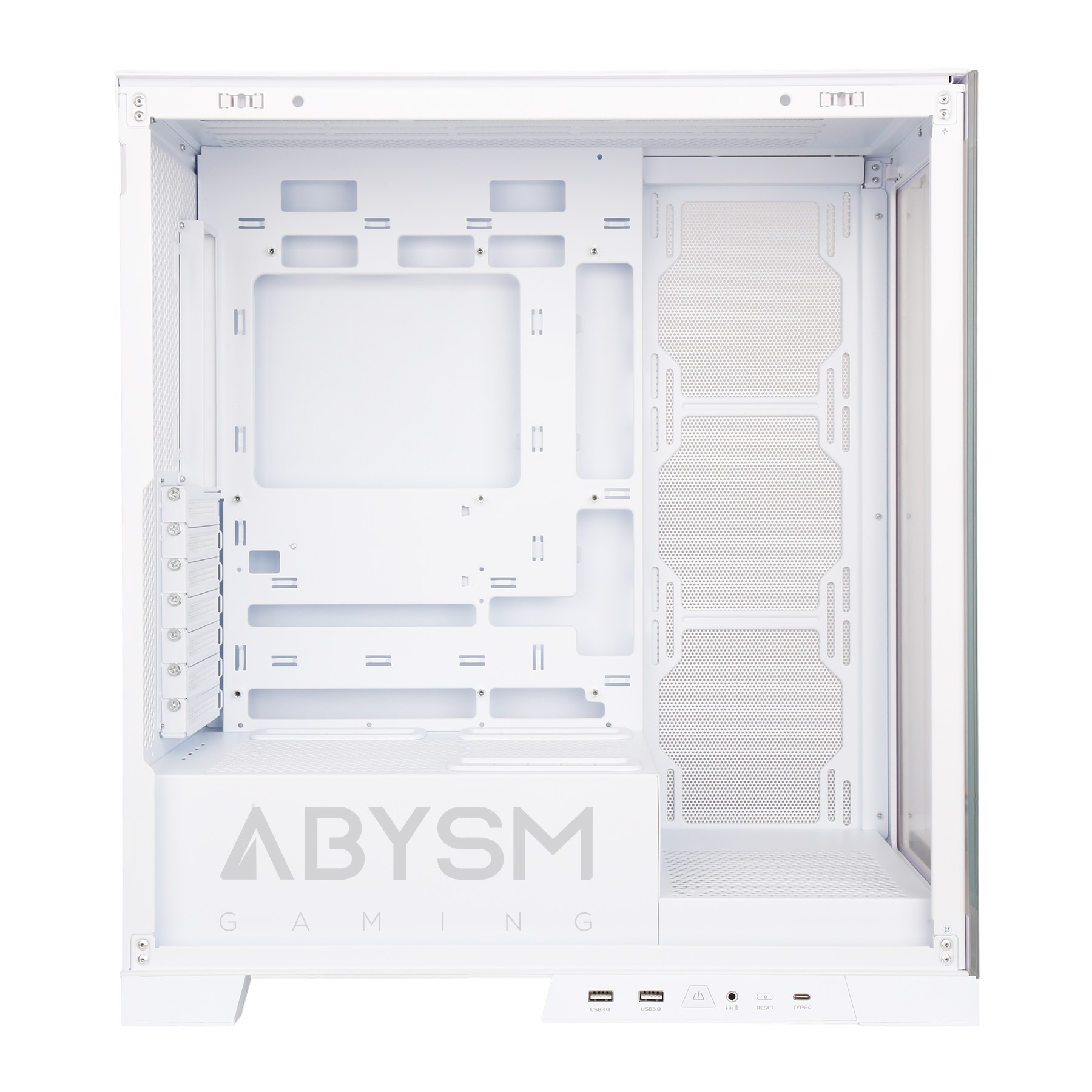Abysm Danube Sava H500 Boîtier tour ATX, ITX, Micro ATX blanc - Verre trempé latéral et avant - 3,5" et 2,5" - USB-A, USB-C et audio - 4 ventilateurs ARGB installés - Supporte le refroidissement liquide