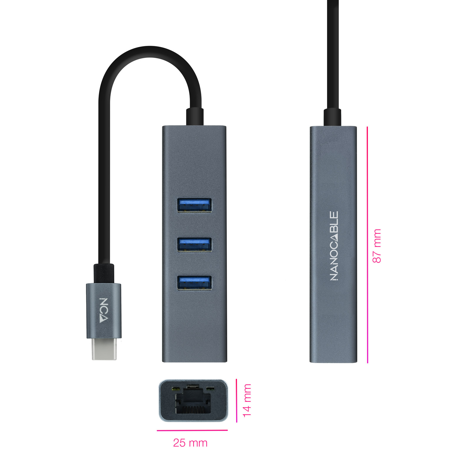 Adaptateur réseau Nanocable USB-C vers Gigabit Ethernet 10/100/1000 Mbps + 3 ports USB 3.0