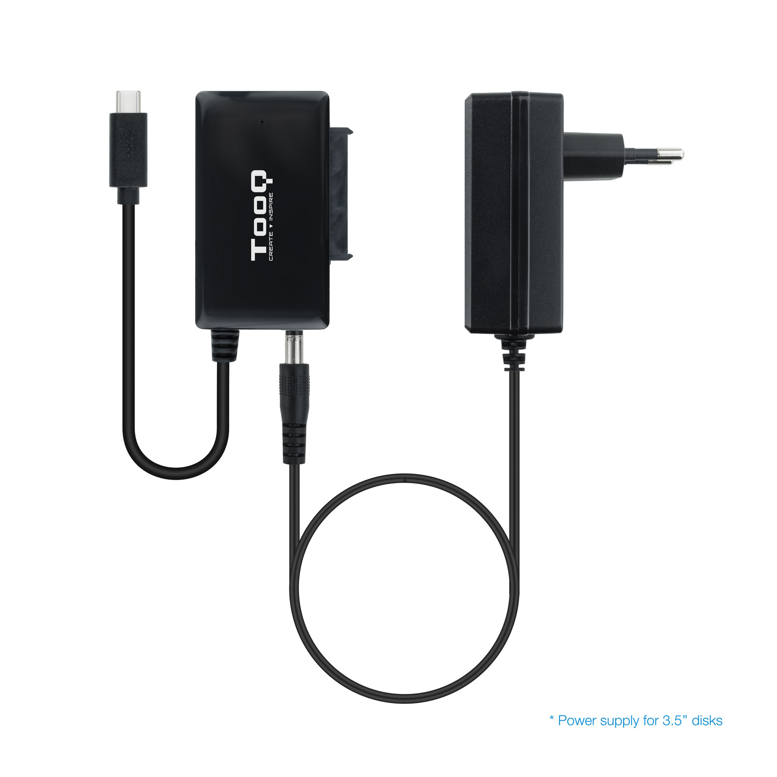 Adaptateur Tooq USB 3.0 USB-C vers SATA pour disques durs 2,5 ? et 3.5 ? avec chargeur - couleur noire