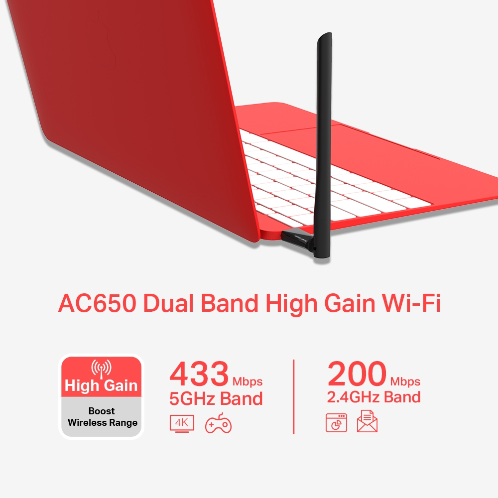 Adaptateur USB Wi-Fi double bande Mercusys MU6H AC650 - Jusqu'à 200 Mbps 2,4 GHz, Jusqu'à 433 Mbps 5 GHz - USB 2.0 - Gain élevé - Antenne 5 dBi -