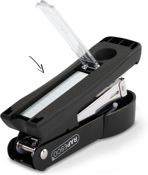 Agrafeuse de bureau en métal Rapesco Minno 526 - Jusqu'à 20 feuilles - Agrafes 22/6, 24/6, 26/6 - Agrafage fermé et ouvert - Noir