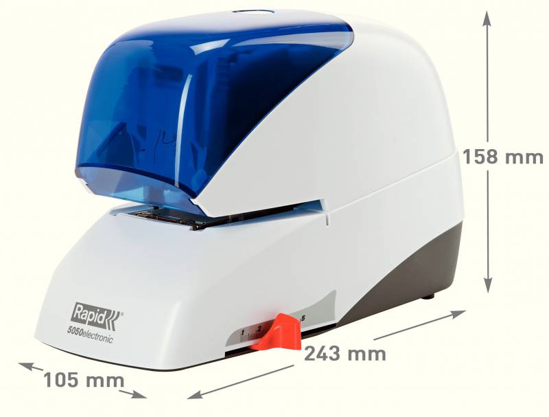 Agrafeuse électrique Rapid Supreme R5050E - 50 feuilles - Chargement de cartouche - Durable - Blanc/Bleu