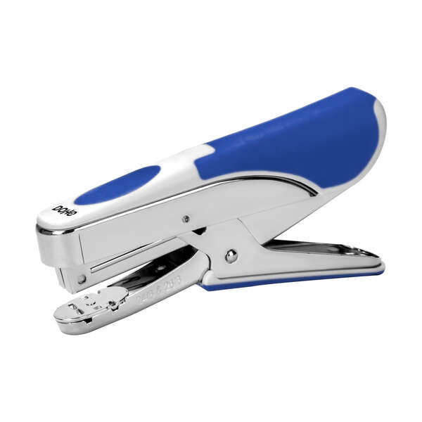 Agrafeuse type pince Dohe - Fabriquée en acier chromé et plastique bleu - Chargement par le haut - Capacité d'agrafage 20 feuilles - Accepte 150 agrafes de 22/6, 24/6 et 26/6