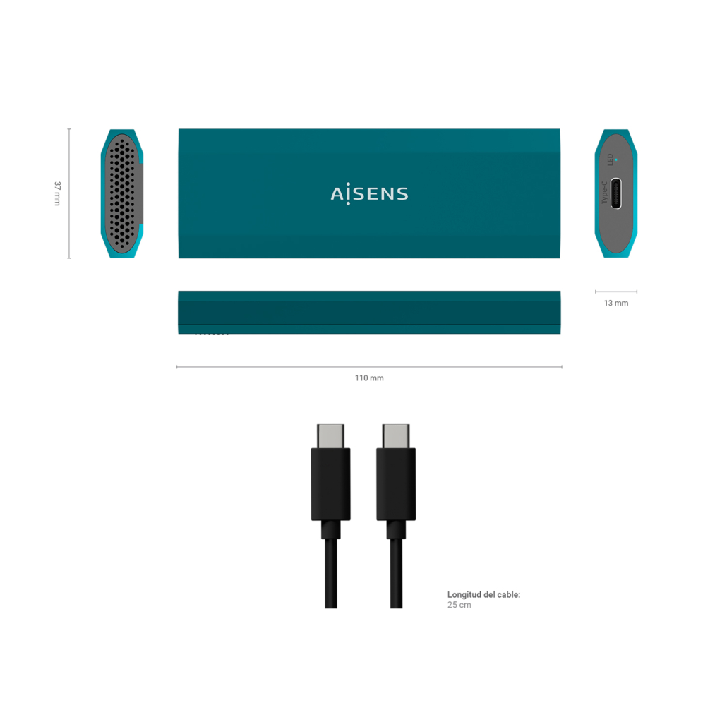 Aisens Boîtier Externe M.2 (NGFF) - SATA/NVMe vers Usb3.1 Gen2 - Couleur Bleu