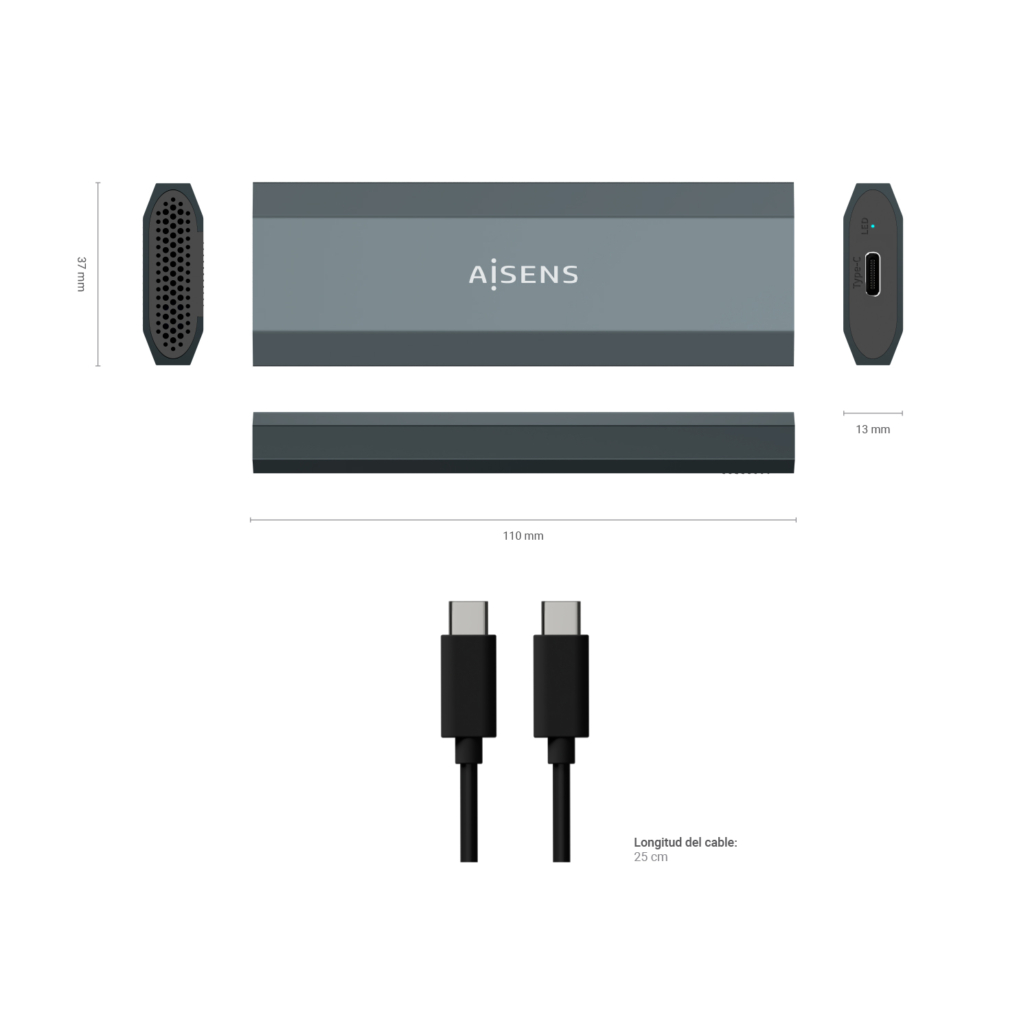 Aisens Boîtier Externe M.2 (NGFF) - SATA/NVMe vers Usb3.1 Gen2 - Couleur Gris